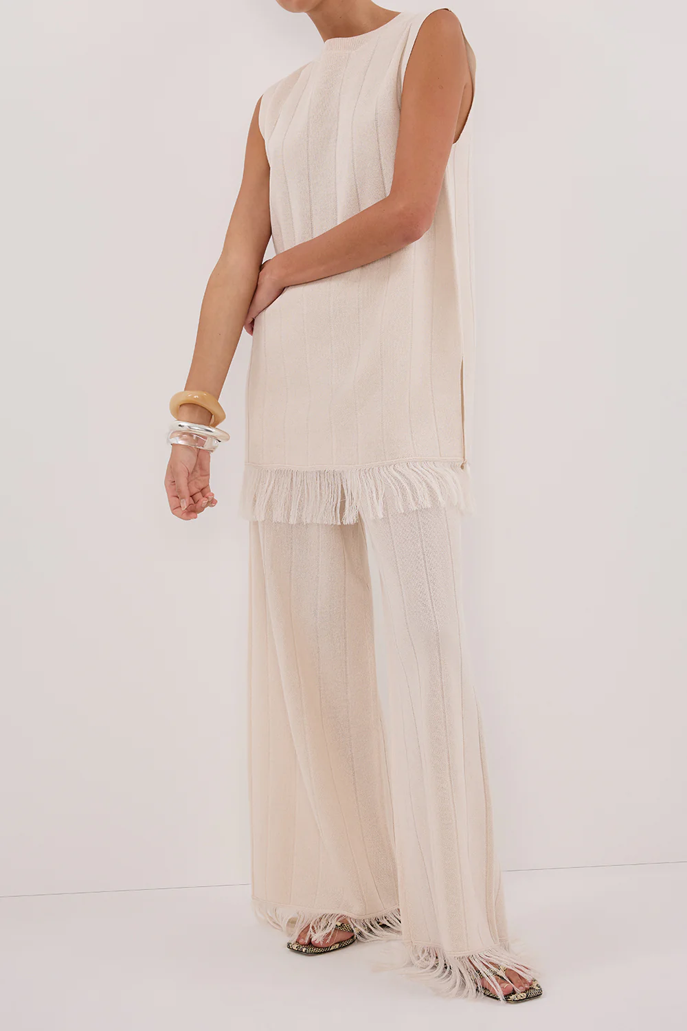 ARIA CREAM FRINGED KNIT PANT - Image 2