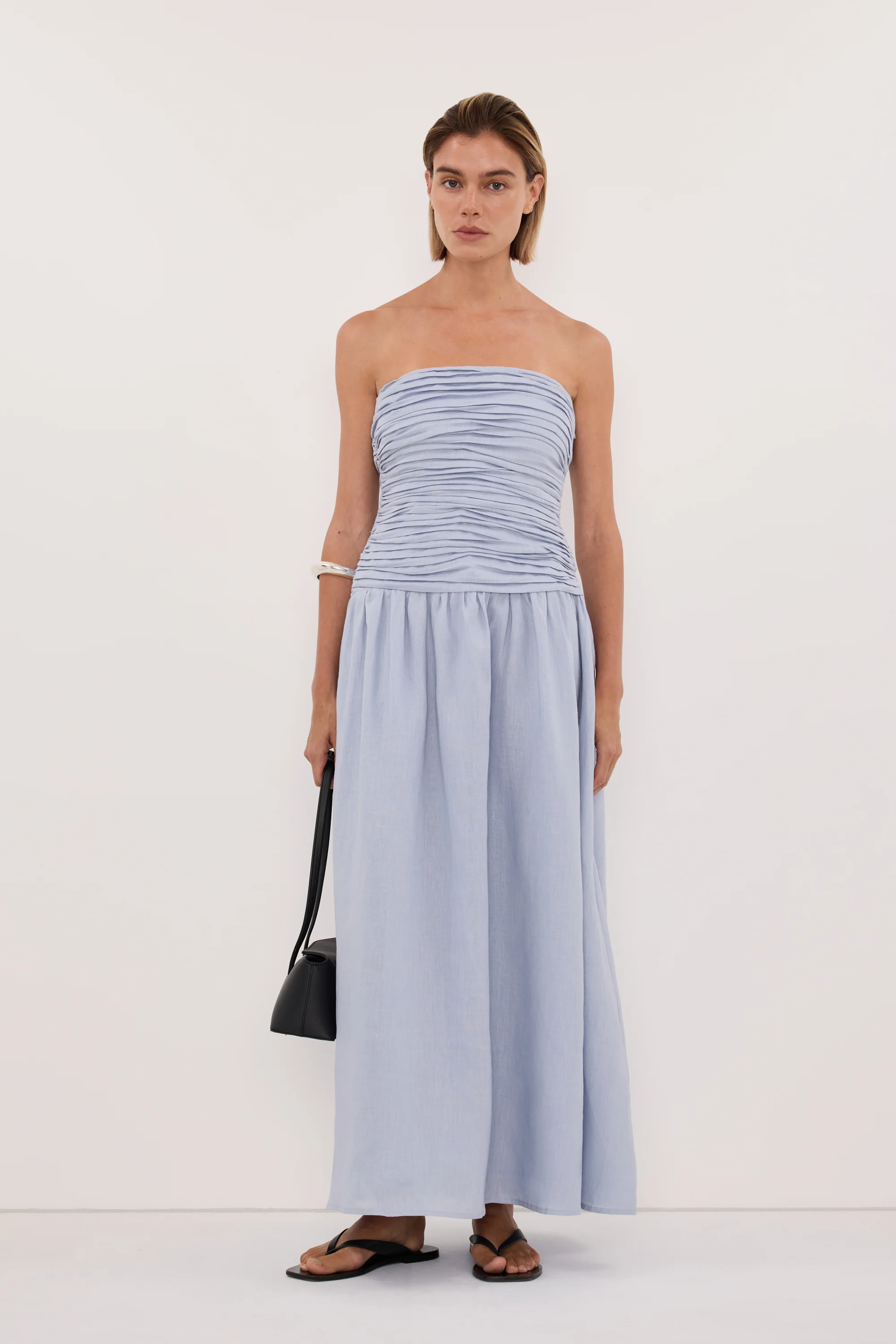 AUBRIELLA DUSTY BLUE LINEN MIDI DRESS - Image 8