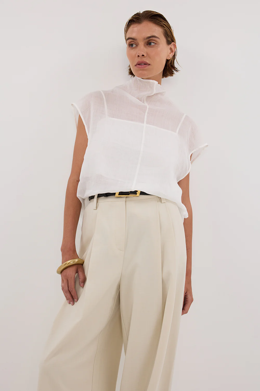CARMEL WHITE RAMIE FUNNEL NECK TOP - Image 2