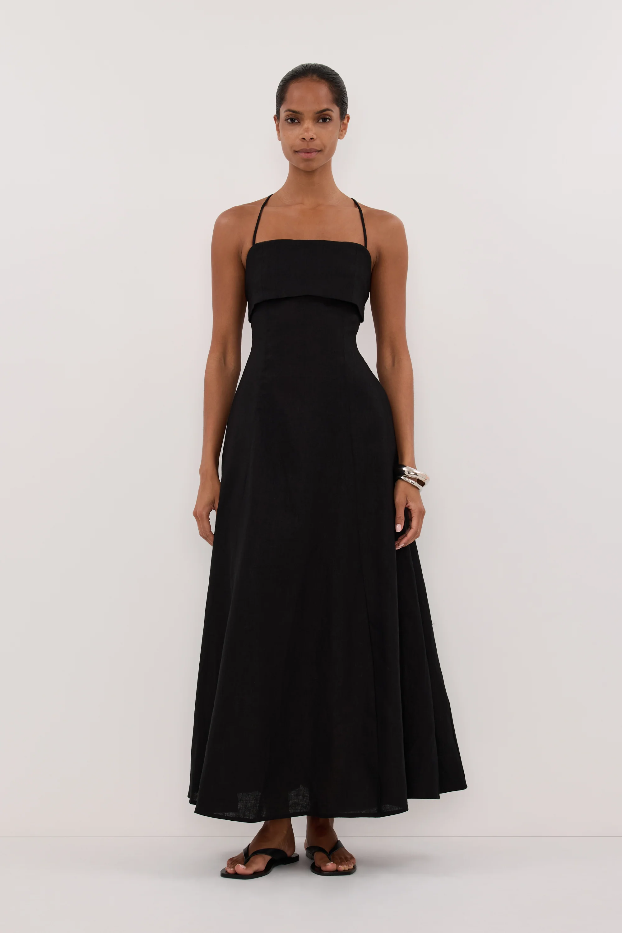 DANIELLA BLACK LINEN TIE BACK MIDI DRESS