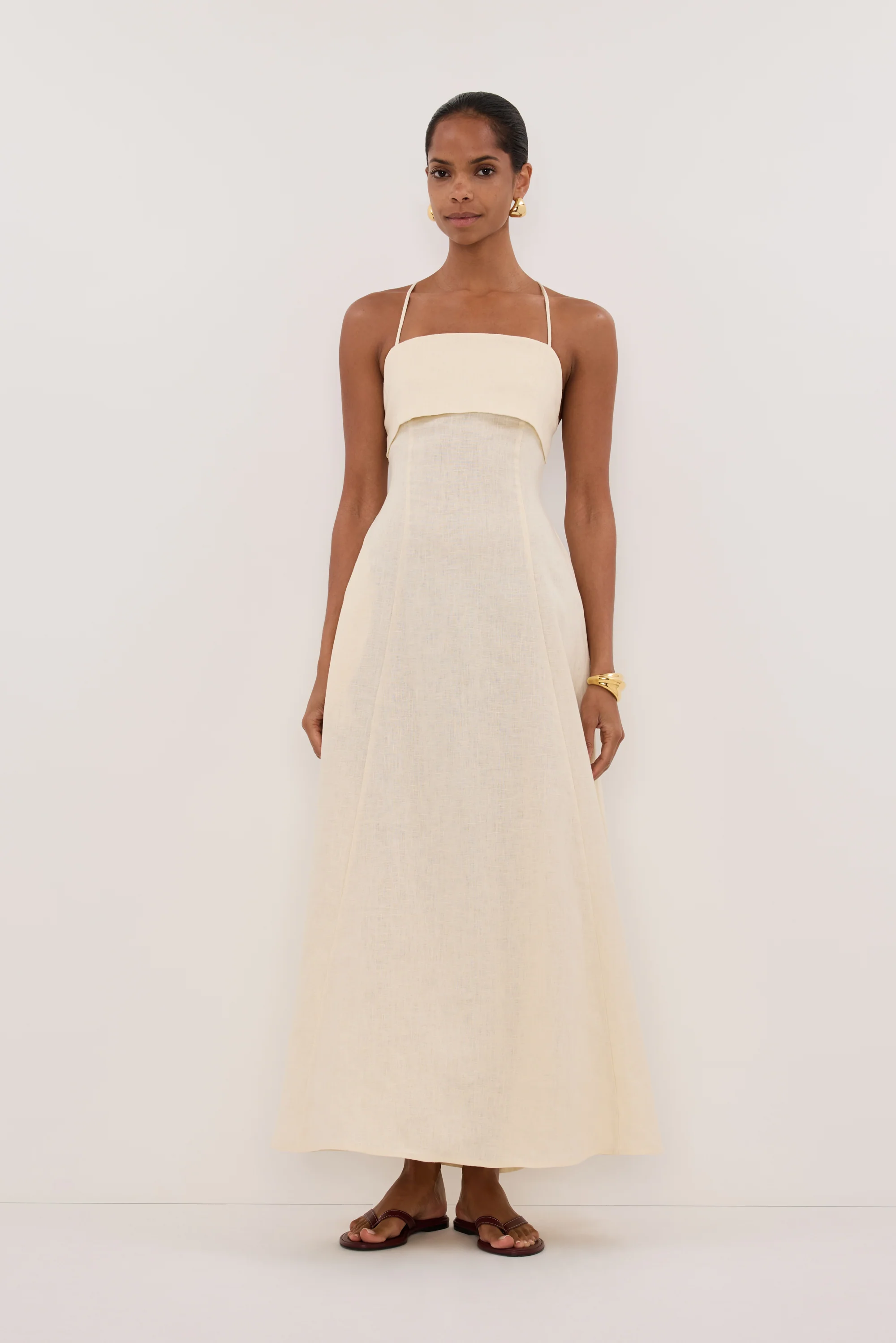 DANIELLA STRAW LINEN TIE BACK MIDI DRESS