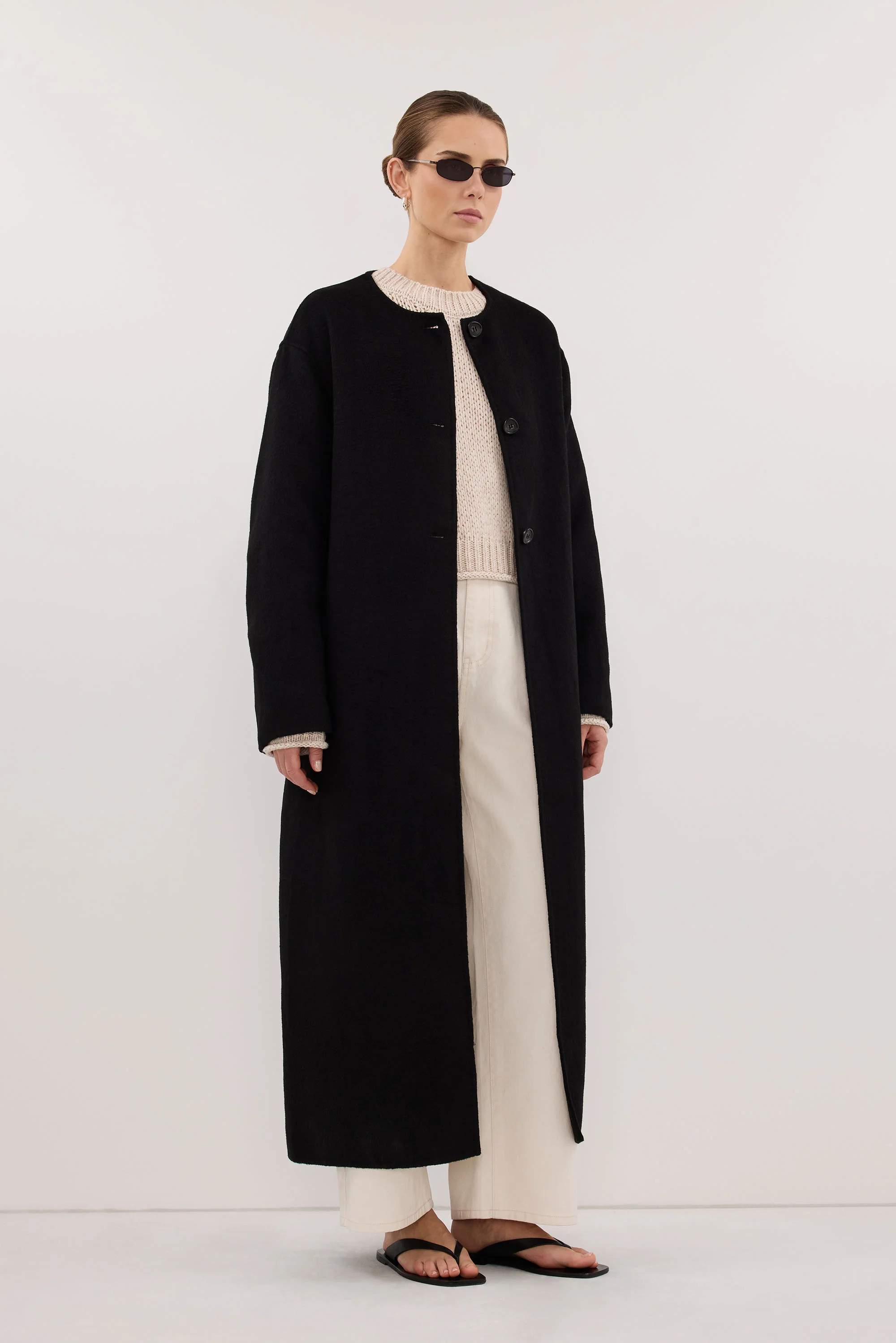 GRETA BLACK COLLARLESS WOOL BLEND COAT - Image 3