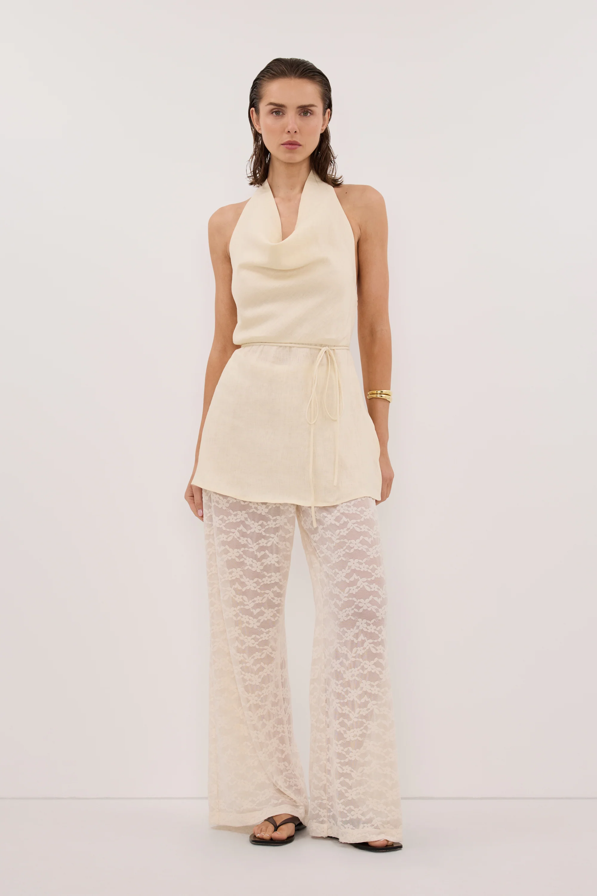 HAYLEE STRAW SLEEVELESS LINEN COWL TOP