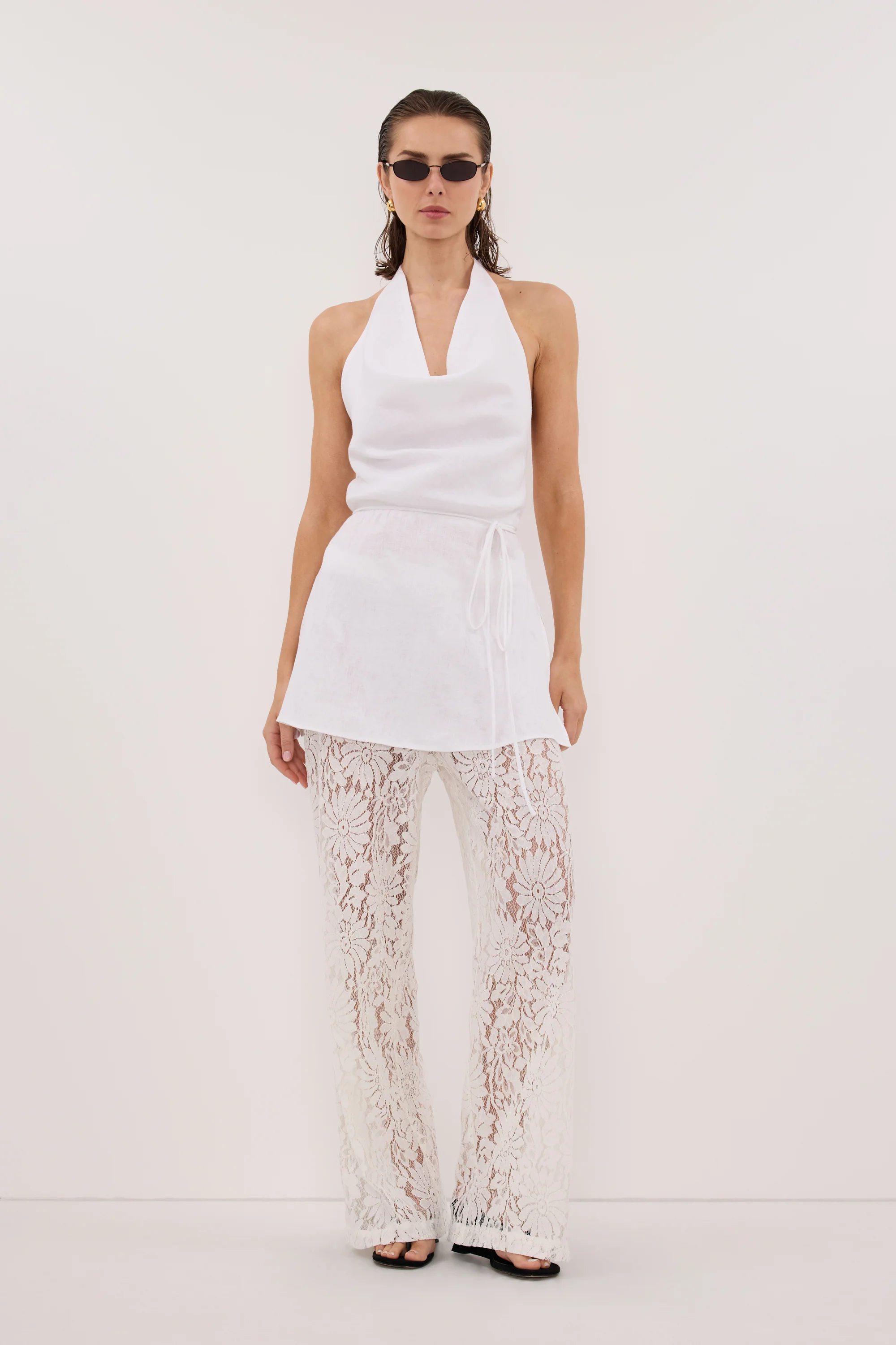 HAYLEE WHITE SLEEVELESS LINEN COWL TOP