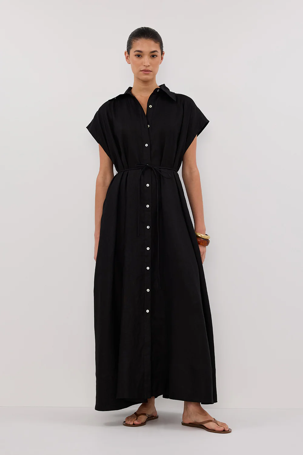LANA BLACK LINEN MIDI SHIRT DRESS