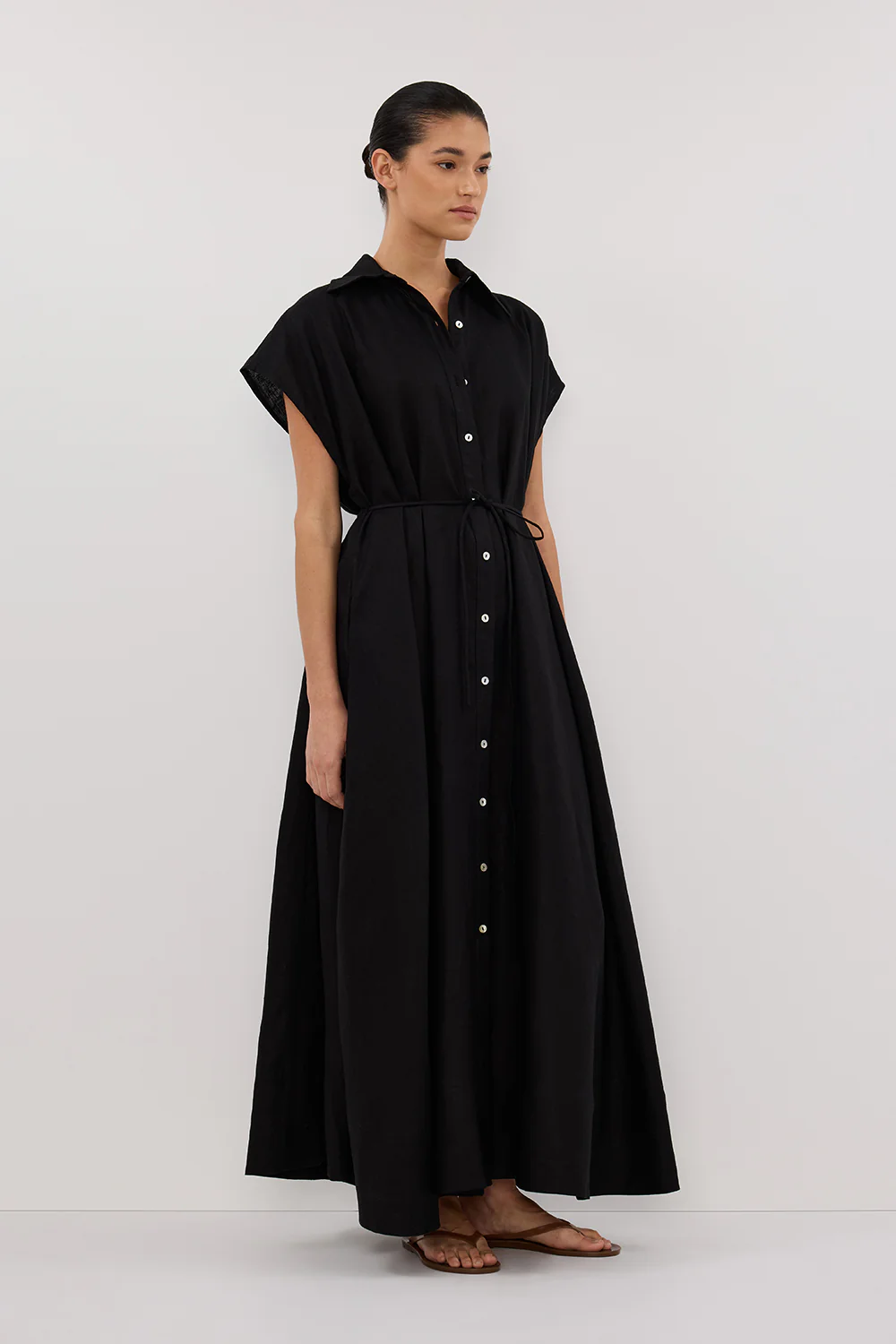 LANA BLACK LINEN MIDI SHIRT DRESS - Image 2