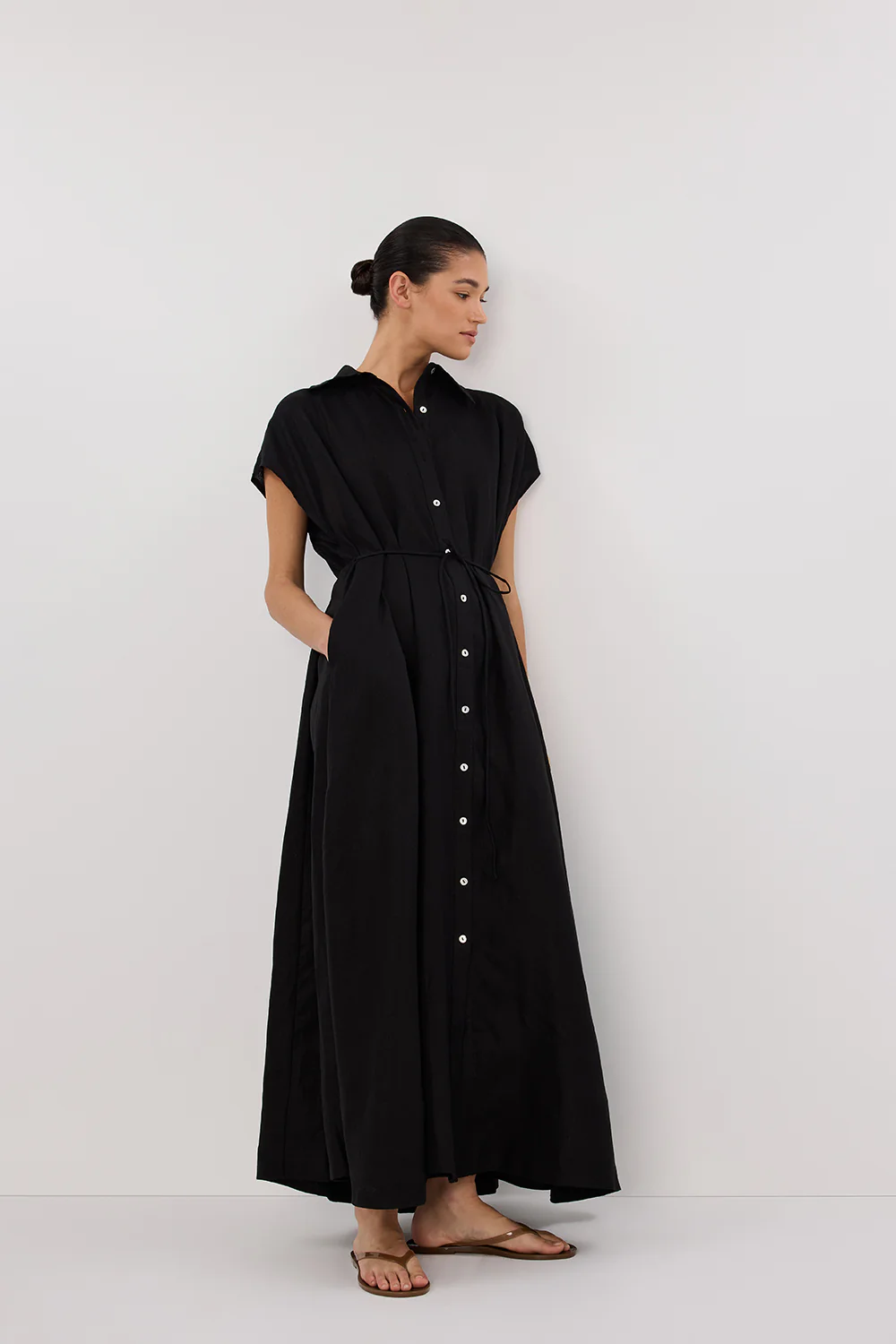 LANA BLACK LINEN MIDI SHIRT DRESS - Image 4