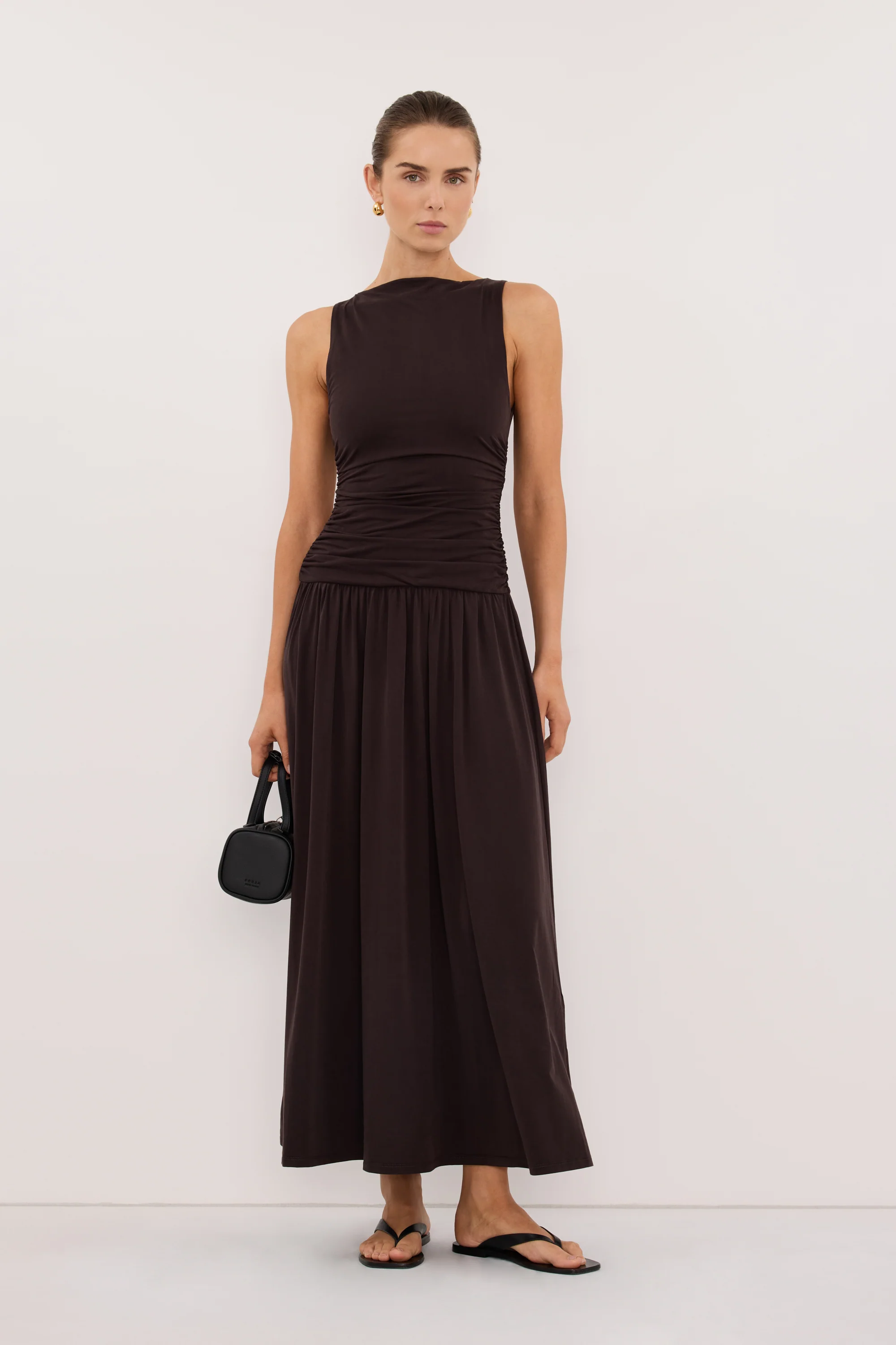 MEG BURNT CHOC SLEEVELESS KNIT MIDI DRESS