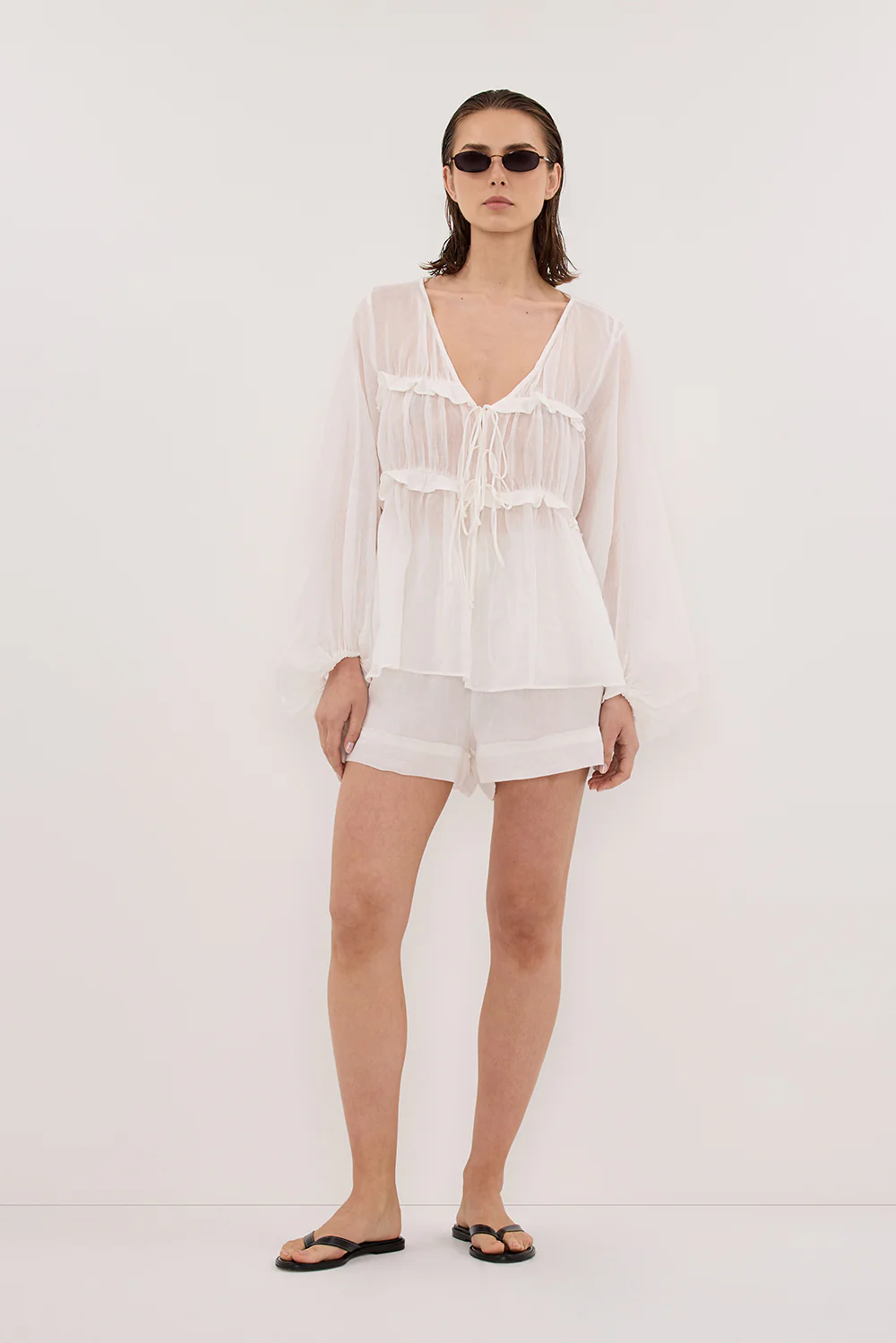 MILA WHITE RAMIE LONG SLEEVE FRILL TOP