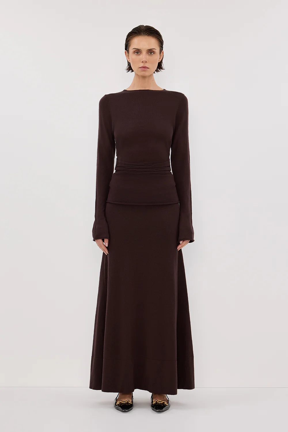 NICO BITTER CHOC MERINO MAXI SKIRT