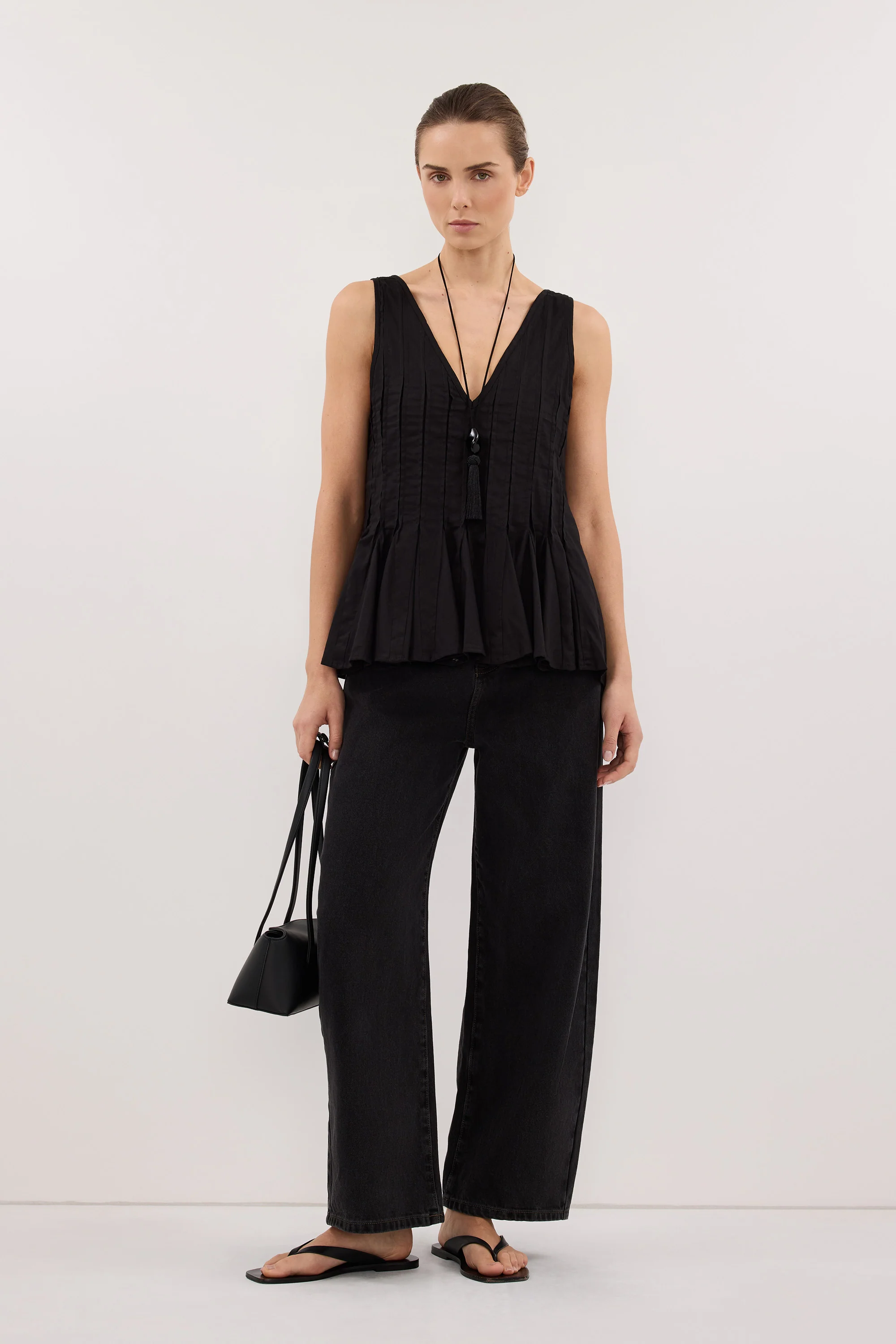 PIXIE BLACK LINEN GODET TOP