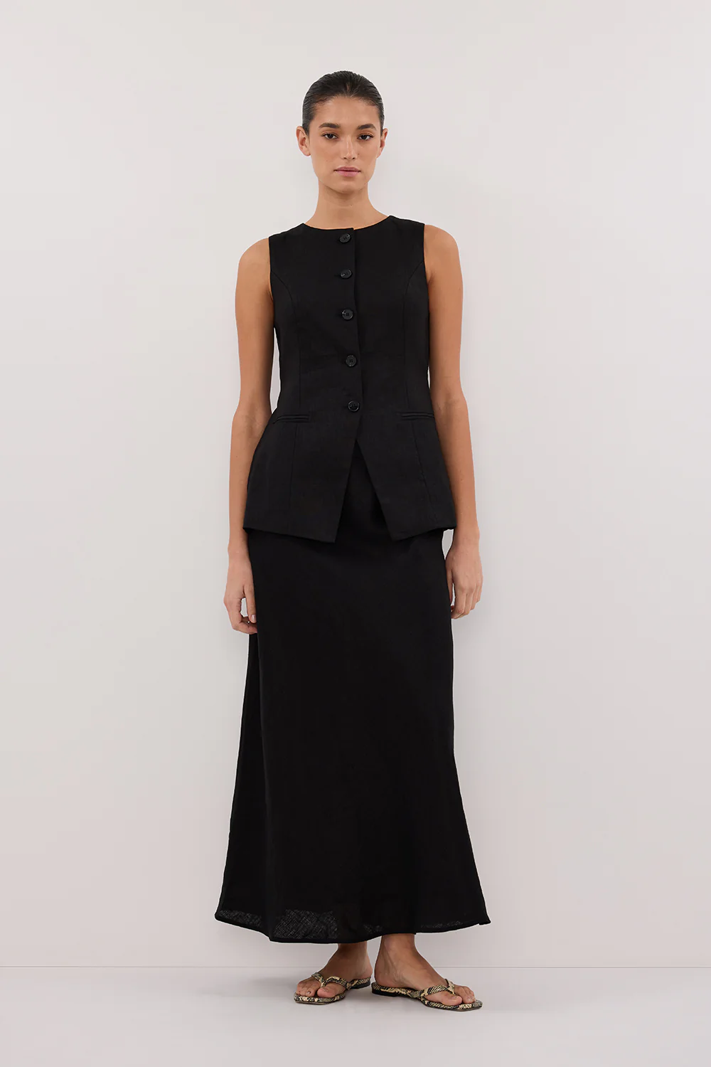 TYRA BLACK LINEN MIDI SKIRT